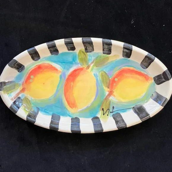 Handmade Ceramic Oval Serving Tray “Lemons On Aqua 11”x6” Original Design - Picture 6 of 8